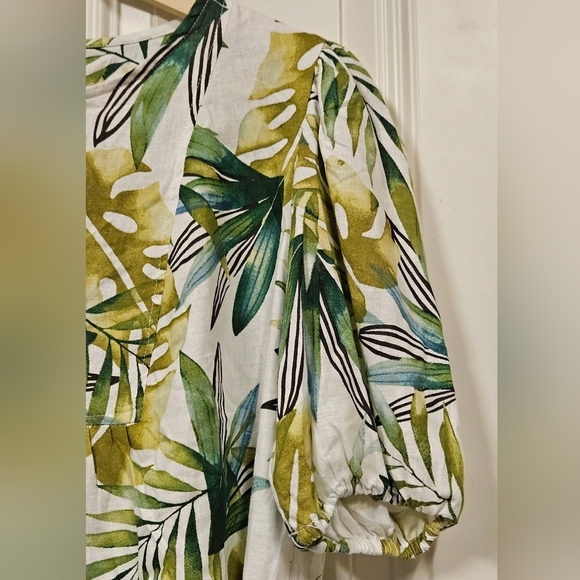 Sigrid Olsen Linen Rayon puff sleeve novelty palm leaf Tropical Blouse size S - Picture 3 of 11